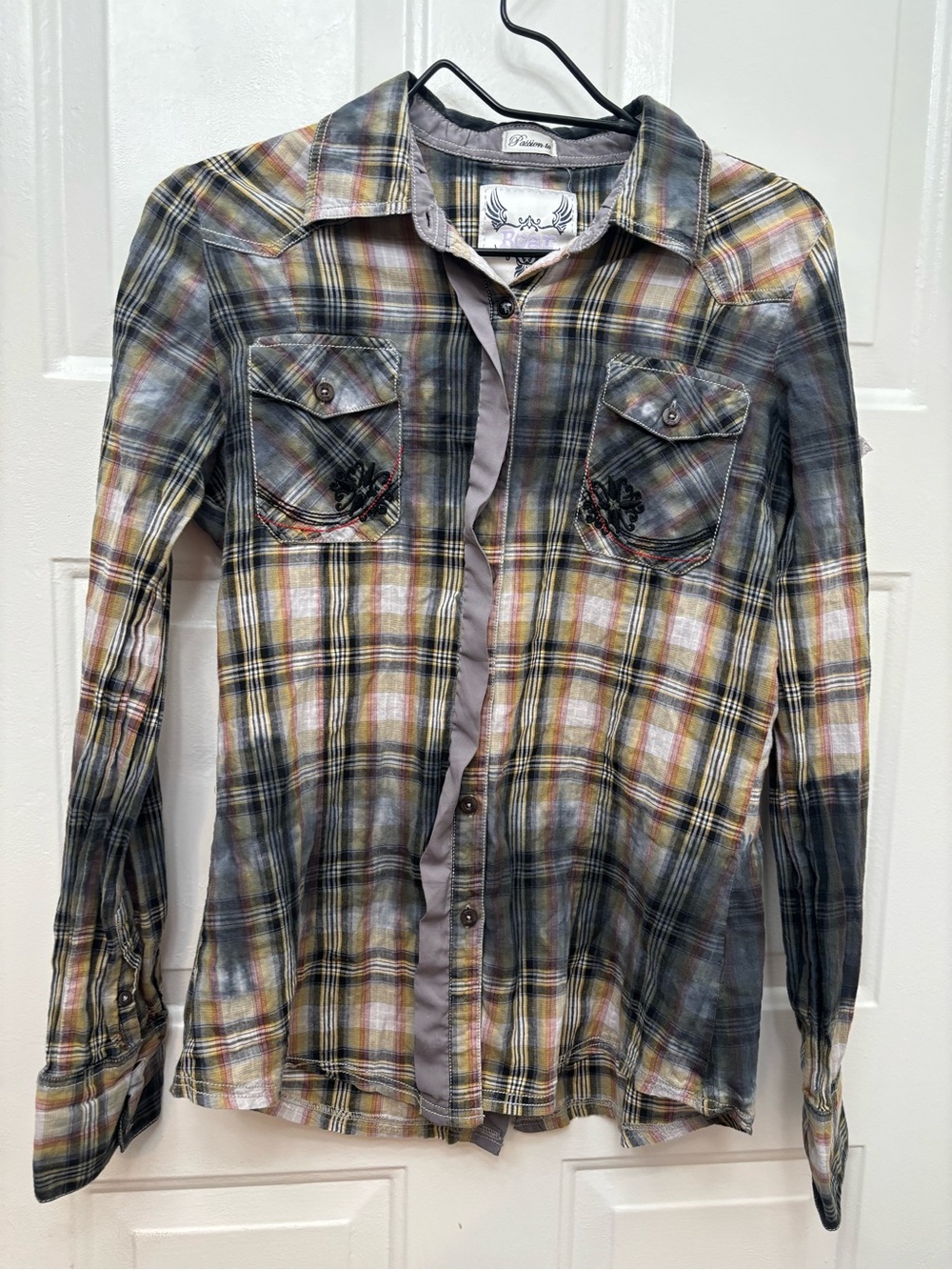 Roar Y2K Plaid Button-Up Shirt with Black Embroidery